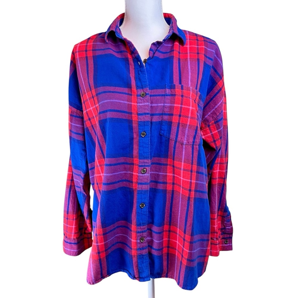 OLD NAVY Plaid Flannel The‎ Boyfriend Shirt Large Taylor Swift Blue Red Swiftie